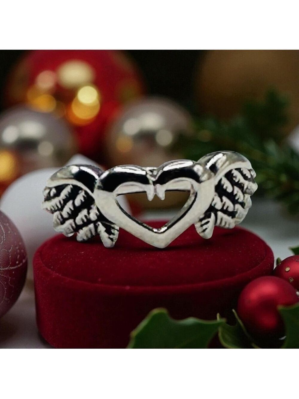 925 Sterling Silver Angel Wings Heart Ring Womens Size 7 Bikercore Cowgirl NWT